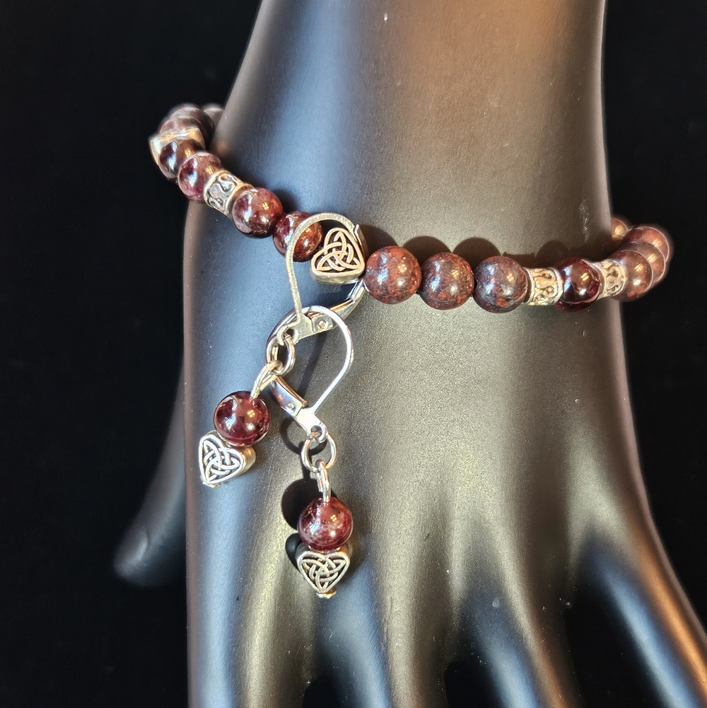 Beaded Garnet-Red Bracelet with Celtic Accents And Matching Earrings.